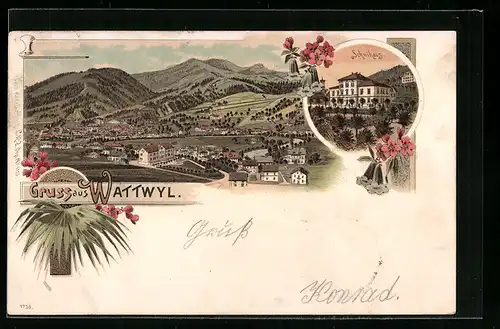 Lithographie Wattwyl, Ortsansicht mit Schulhaus