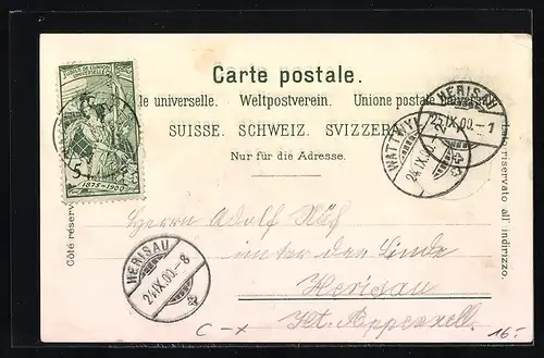 Lithographie Wattwyl, Ortsansicht mit Schulhaus