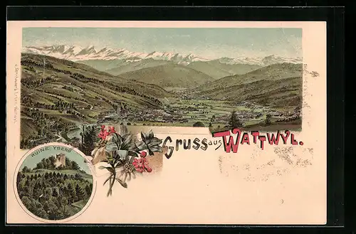 Lithographie Wattwyl, Gesamtansicht aus der Vogelschau, Ruine Yberg