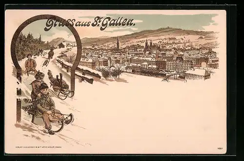 Lithographie St. Gallen, Ortsansicht mit Rodelbahn