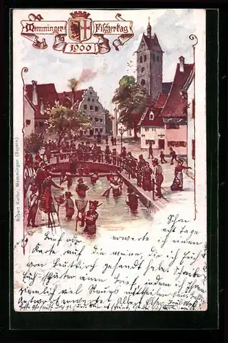 AK Ganzsache PP15C22 /01: Memmingen, Memminger Fischertag 1900, Einwohner beim Fischen mit Netzen, Ortspartie, Wappen
