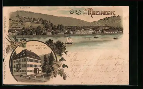 Lithographie Rheineck, Panorama vom See aus, die Landwirtschaftliche Schule Custerhof