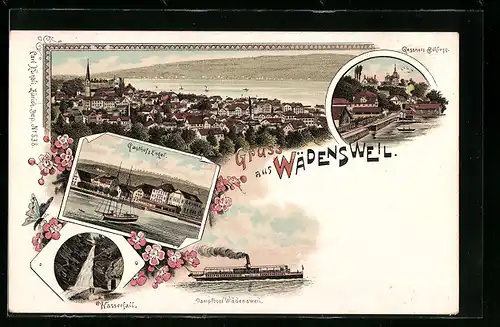 Lithographie Wädenswil, Gasthof zum Engel, Gossners Schloss, Dampfboot