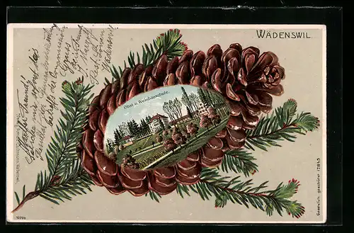 Präge-Lithographie Wädenswil, Obst- und Weinbauschule im Tannenzapfen-Passepartout