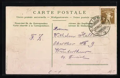 Präge-AK Rheineck, Teilansicht mit Brücke aus der Vogelschau, Wapen und Denkmäler der Schweiz