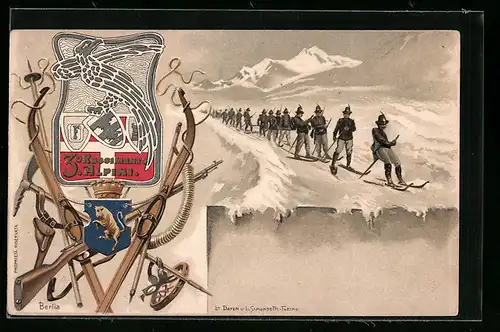 Lithographie Alpini, 30. Regiment auf Skiern in den Bergen, Wappen