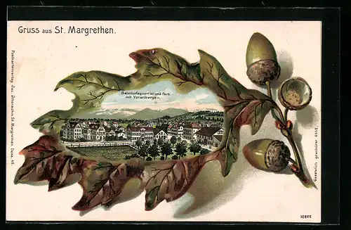 Präge-Lithographie St. Margrethen, Bahnhofsquartier und Park mit Vorarlbergen, Eichenblatt-Passepartout