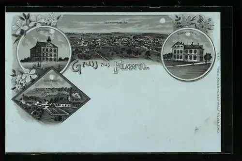 Mondschein-Lithographie Flawyl, Krankenhaus, Schule, Oberglatt, Gesamtansicht