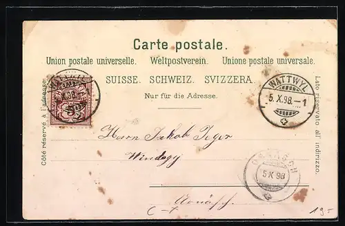 Lithographie Wattwyl, Gesamtansicht, Webschulgebäude