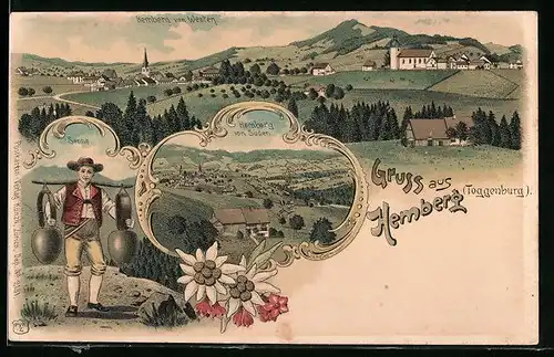 Lithographie Hemberg /Toggenburg, Gesamtansicht von Westen, Gesamtansicht aus der Vogelschau von Süden, Senne
