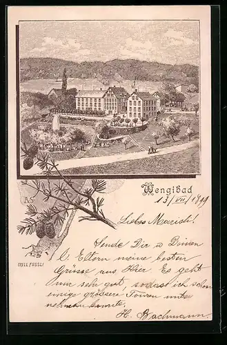 Lithographie Wengibad, Kurhaus mit Parkanlagen