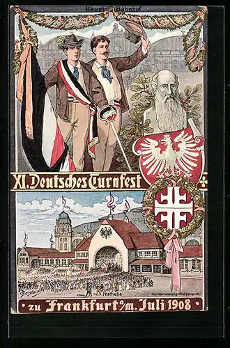 Künstler-AK Frankfurt a. M., XI. Deutsches Turnfest 1908, Festhalle, Jahn-Büste