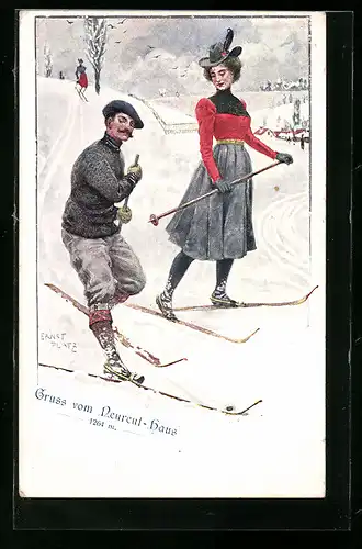 Künstler-AK Ernst Platz: Skifahrer beim Neureut-Haus