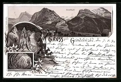 Vorläufer-Lithographie Grindelwald, 1894, Panorama, Gletscher, Gletscherhöhle