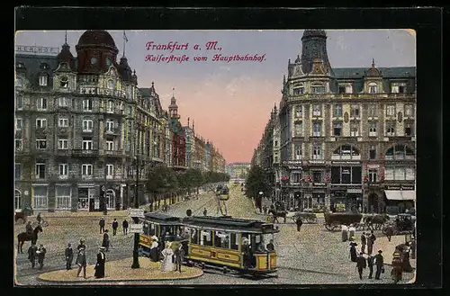 AK Frankfurt a. M., Kaiserstrasse mit Strassenbahn vom Hauptbahnhof gesehen