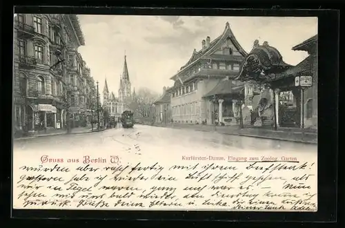 AK Berlin, Kurfürsten-Damm mit Strassenbahn und Zoo-Eingang