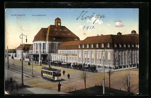AK Dortmund, Hauptbahnhof mit Strassenbahn und Pferdedroschken