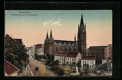 AK Essen /Ruhr, Viehoferplatz mit Gertrudiskirche und Strassenbahn