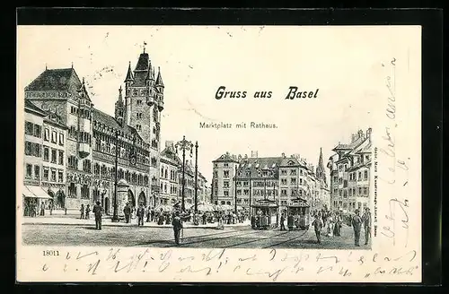 AK Basel, Marktplatz mit Rathaus und Strassenbahnen