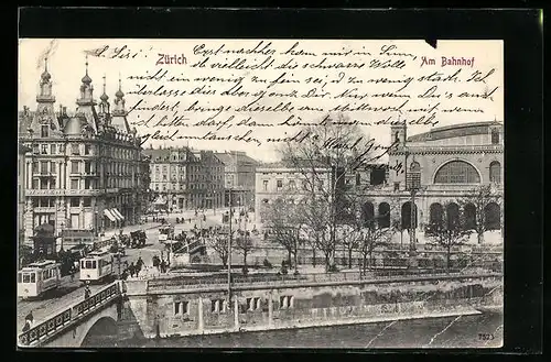 AK Zürich, Am Bahnhof mit Strassenbahn