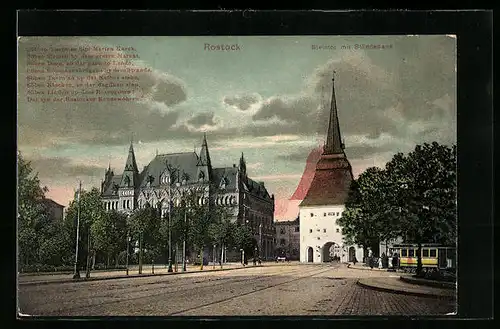 AK Rostock, Steintor und Ständehaus mit Strassenbahn