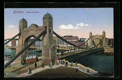 AK Breslau, Strassenbahn auf der Kaiserbrücke