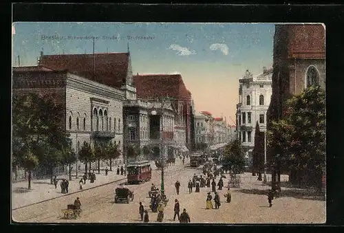 AK Breslau, Strasse und Stadttheater mit Strassenbahn