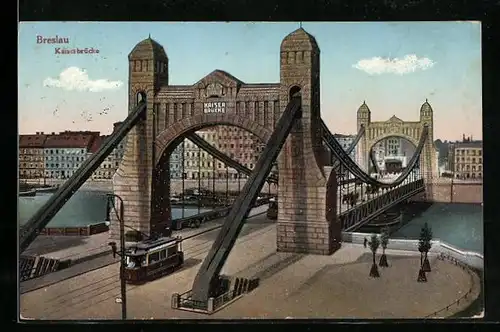 AK Breslau, Strassenbahnen auf der Kaiserbrücke