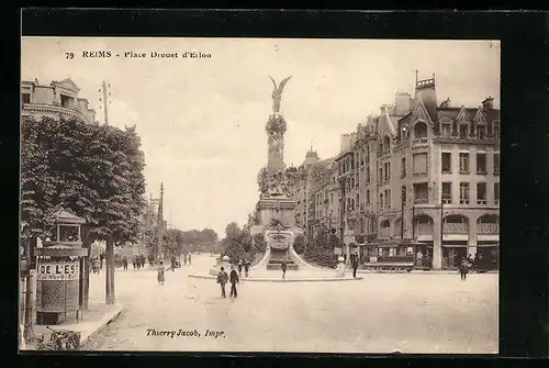 AK Reims, Place Drouet d`Erlon, Strassenbahn