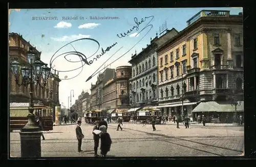 AK Budapest, Blick in die Rakoczistrasse mit Strassenbahnen