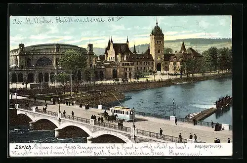 AK Zürich, Bahnhofbrücke mit Strassenbahn