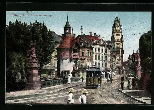 AK Freiburg i. B., Schwabentorbrücke mit Strassenbahn