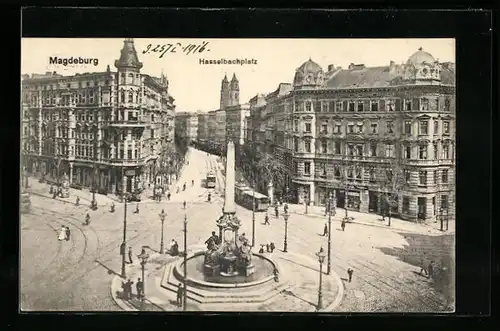 AK Magdeburg, Hasselbachplatz mit Geschäften, Brunnen und Strassenbahn