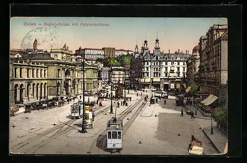 Künstler-AK Zürich, Bahnhofplatz mit Polytechnikum und Strassenbahnen