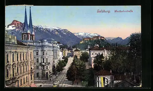 AK Salzburg, Westbahnstrasse mit aus der Vogelschau, Strassenbahn