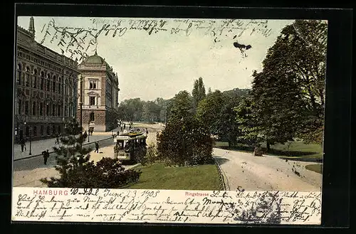 AK Hamburg, Ringstrasse mit Anlagen und Strassenbahn
