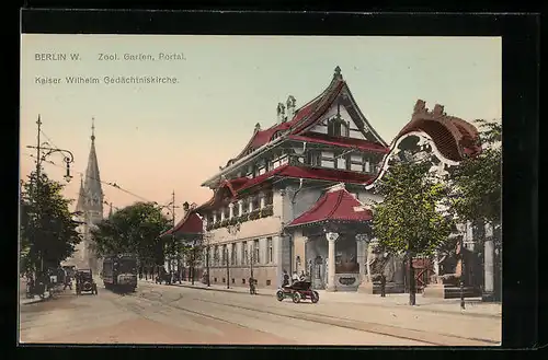 AK Berlin, Am Zoologischen Garten, Portal mit Strassenbahn und Gedächtniskirche