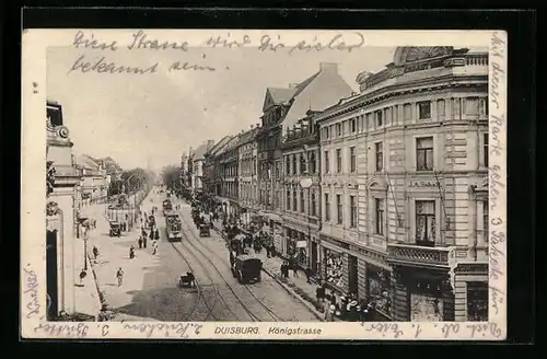 AK Duisburg, Königstrasse mit Strassenbahnen aus der Vogelschau