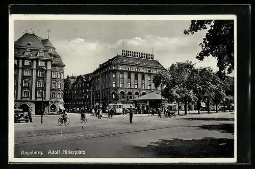 AK Augsburg, platz mit Strassenbahn