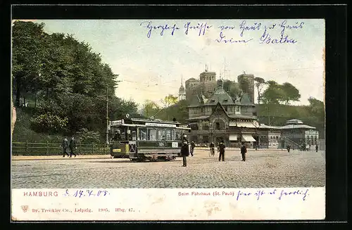 AK Hamburg-St. Pauli, Strassenbahn vor dem Fährhaus