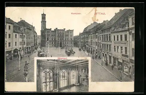 AK Zittau, Marktplatz mit Strassenbahnen, Inneres des Bürgersaals