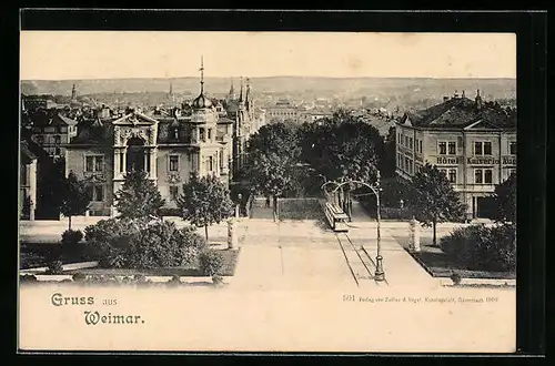 AK Weimar, Teilansicht mit Strasse und Strassenbahn