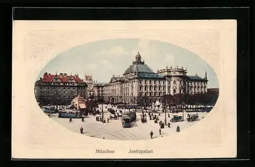 AK München, Platz vor dem Justizpalast mit Strassenbahn und Passanten
