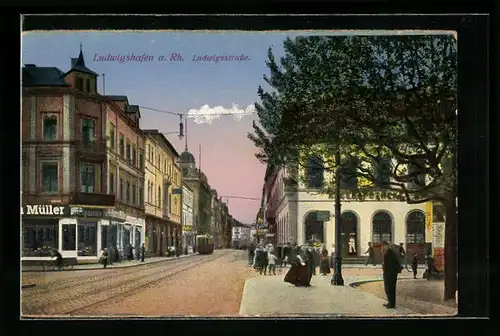 AK Ludwigshafen a. Rh., Blick in die Ludwigsstrasse, Strassenbahn