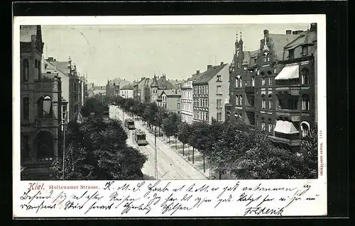 AK Kiel, Holtenauer Strasse mit Strassenbahnen aus der Vogelschau