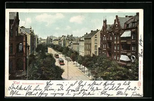 AK Kiel, Holtenauer Strasse mit Strassenbahnen aus der Vogelschau