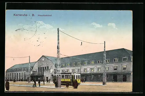 AK Karlsruhe i. B., Hauptbahnhof mit Strassenbahn