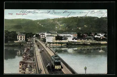 AK Trier, Moselbrücke mit Strassenbahn