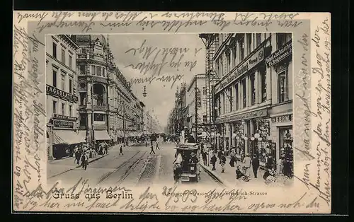 AK Berlin, Leipziger Strasse Ecke Friedrich-Strasse mit Geschäften und Strassenbahn