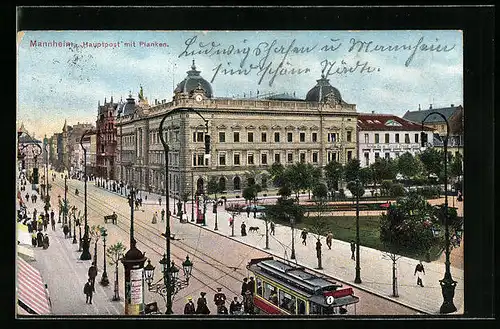 AK Mannheim, Hauptpost mit Planken, Strassenbahn